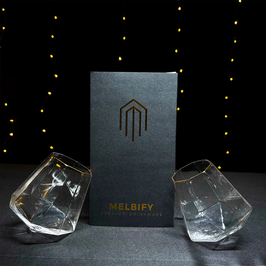 Melbify Prism Shaped Whiskey Glasses with Gold Rim Gift Set| Set of 2 |Ultra-Premium|Imported|Luxurious|Ideal for wedding gifts, anniversary, VIP and corporate gifts