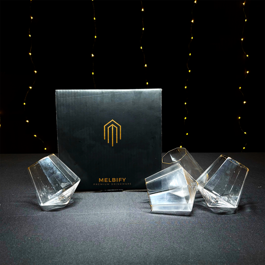 Melbify Prism Shaped Whiskey Glasses with Gold Rim Gift Set| Set of 4 |Ultra-Premium|Imported|Luxurious|Ideal for wedding gifts, anniversary, VIP and corporate gifts