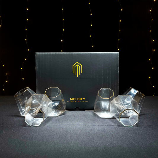 Melbify Prism Shaped Whiskey Glasses with Gold Rim Gift Set| Set of 6 |Ultra-Premium|Imported|Luxurious|Ideal for wedding gifts, anniversary, VIP and corporate gifts