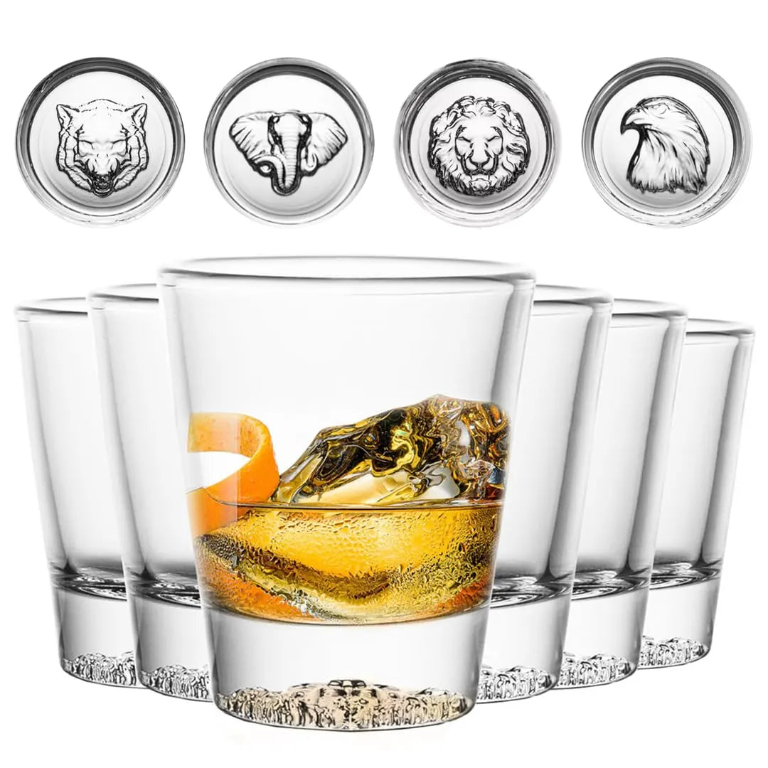 Melbify Animal Pattern Shot Glasses | 50 ML | Set of 4 | Premium | Shot Glass for Vodka, Whiskey, Rum,Tequila, Espressos, Spirits & Liquors | Gift Set