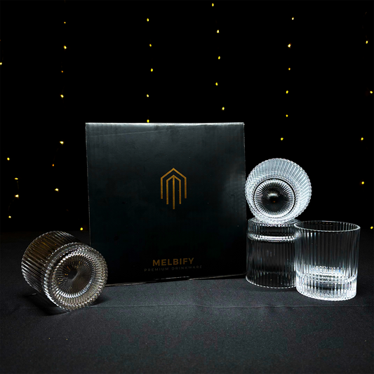 Melbify Ribbed Whiskey Glasses Gift Set | 310 ML | 4 PC | Ultra-Premium | Imported | Luxurious | Ideal for Wedding Gifts, Anniversary, VIP and Corporate Gifts