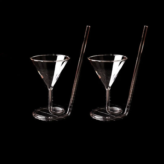 Melbify Roll Sip Cocktail Glass | 200 ML | Spiral Cocktail Glass with Straw| Glass Sipper with Straw| Drinking Glass with Built in Straw | Sipper Martini Glass