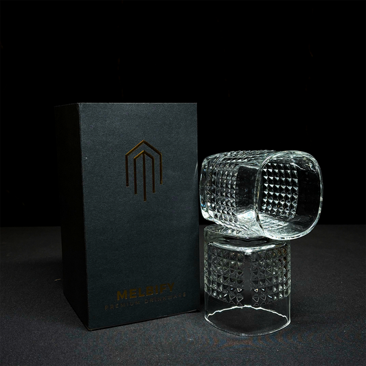 Melbify Square Shaped Dotted Whiskey Glasses Gift Set | 300 ML | 2 PC | Ultra-Premium | Imported | Luxurious | Ideal for Wedding Gifts, Anniversary, VIP and Corporate Gifts