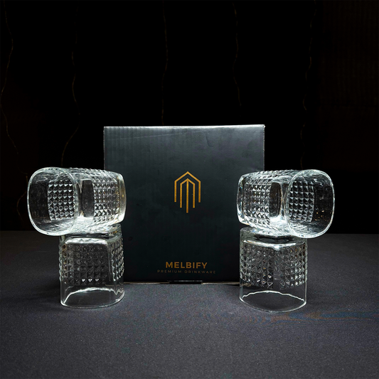 Melbify Square Shaped Dotted Whiskey Glasses Gift Set | 300 ML | 4 PC | Ultra-Premium | Imported | Luxurious | Ideal for Wedding Gifts, Anniversary, VIP and Corporate Gifts