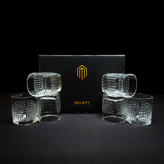 Melbify Square Shaped Dotted Whiskey Glasses Gift Set | 300 ML | 6 PC | Ultra-Premium | Imported | Luxurious | Ideal for Wedding Gifts, Anniversary, VIP and Corporate Gifts